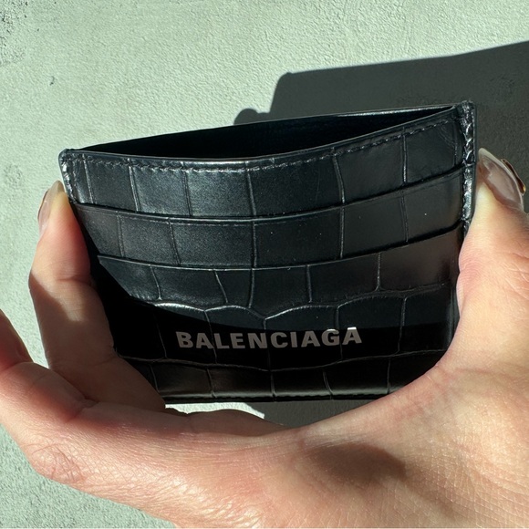 Balenciaga Logo Croc Embossed Leather Card Case Black